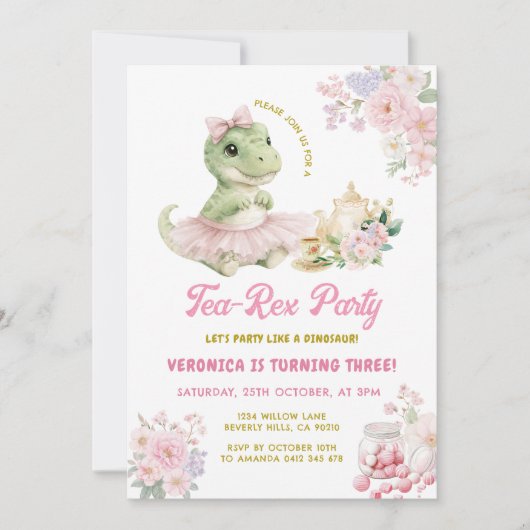 Rosa Blumen Tee-Rex Dinosaurier 3. Geburtstag Einladung (Vorderseite)
