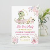 Rosa Blumen Tee-Rex Dinosaurier 3. Geburtstag Einladung (Stehend Vorderseite)
