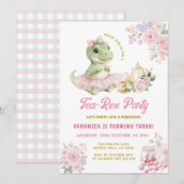 Rosa Blumen Tee-Rex Dinosaurier 3. Geburtstag Einladung (Vorne/Hinten)
