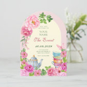 Rosa Blumen Teetasse Garten Einladung (Stehend Vorderseite)