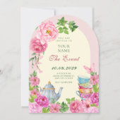 Rosa Blumen Teetasse Garten Einladung (Vorderseite)