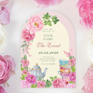 Rosa Blumen Teetasse Garten Einladung