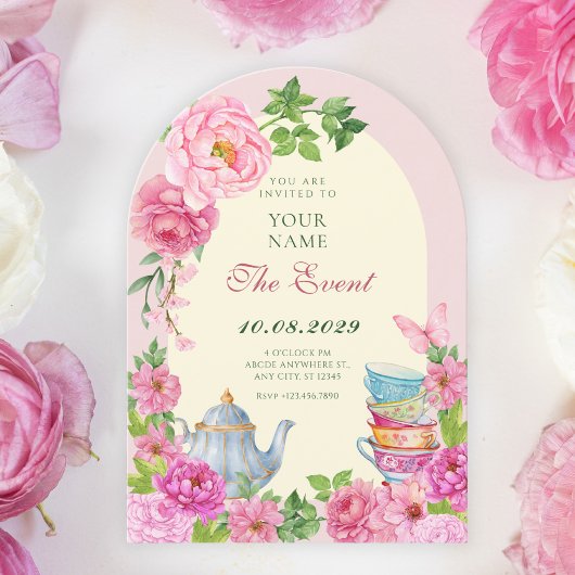 Rosa Blumen Teetasse Garten Einladung