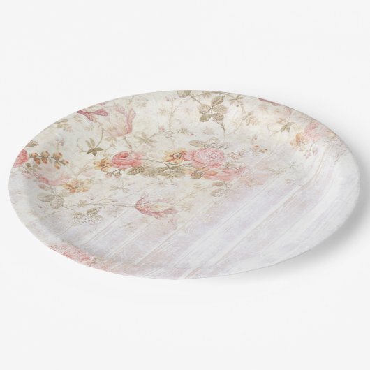 Rosa Blumen- u. hölzernes Shabby Chic-Papierplatte Pappteller (Schrägansicht)