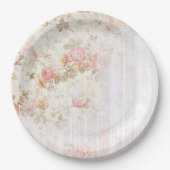 Rosa Blumen- u. hölzernes Shabby Chic-Papierplatte Pappteller (Vorderseite)