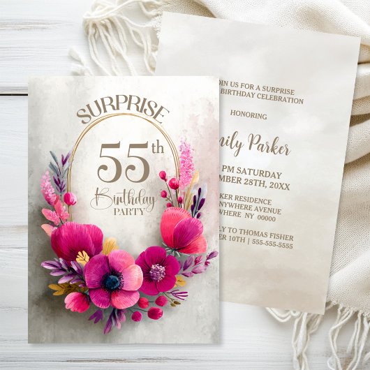 Rosa Blumen Überraschung 55. Geburtstagsfeier Einladung
