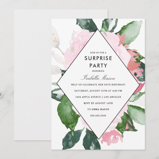 Rosa Blumen| Überraschungs-Party Einladung (Vorne/Hinten)