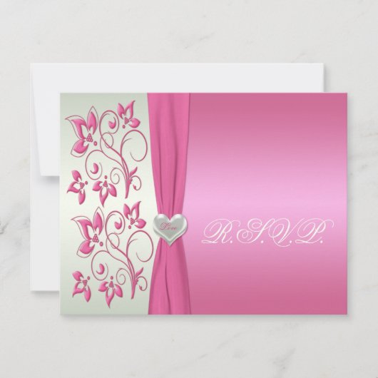 Rosa Blumen- und blasses es-grün mit Liebe-Herz Einladung (Vorderseite)