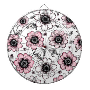 Rosa Blumen- und Blätter-Skizzendesign Dartscheibe