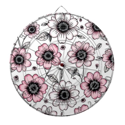 Rosa Blumen- und Blätter-Skizzendesign Dartscheibe (vorne)