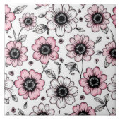 Rosa Blumen und Blätter Skizzendesign Fliese (Vorderseite)