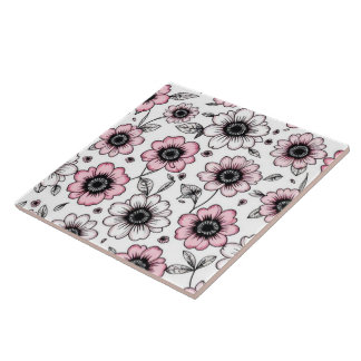 Rosa Blumen und Blätter Skizzendesign Fliese