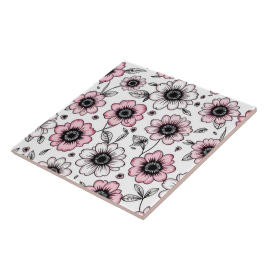 Rosa Blumen und Blätter Skizzendesign Fliese (Seite)