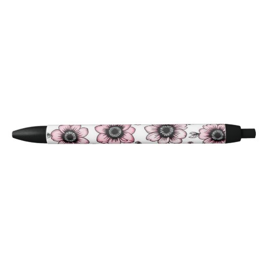 Rosa Blumen- und Blätter-Skizzendesign Kugelschreiber (Vorderseite)