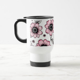 Rosa Blumen- und Blätter-Skizzendesign Reisebecher