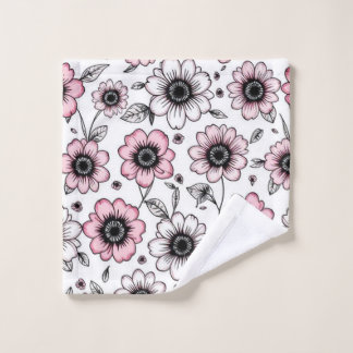 Rosa Blumen- und Blätter-Skizzendesign Waschlappen