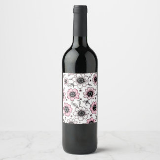 Rosa Blumen- und Blätter-Skizzendesign Weinetikett