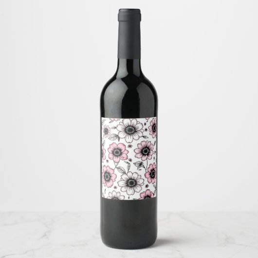 Rosa Blumen- und Blätter-Skizzendesign Weinetikett (Vorderseite)
