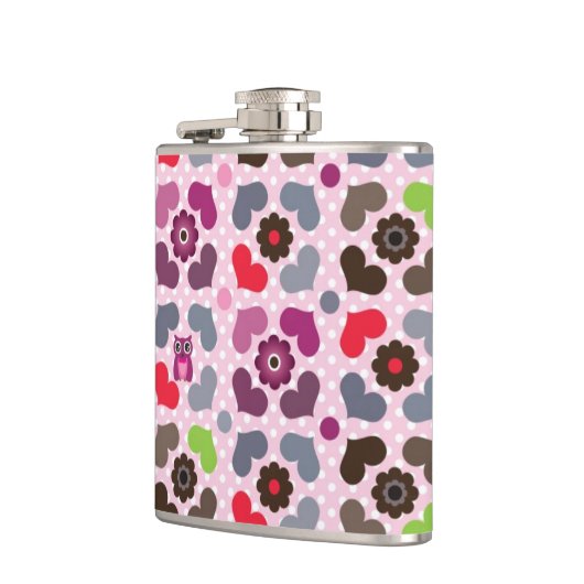 rosa Blumen- und Eulenmuster Flachmann (Links)