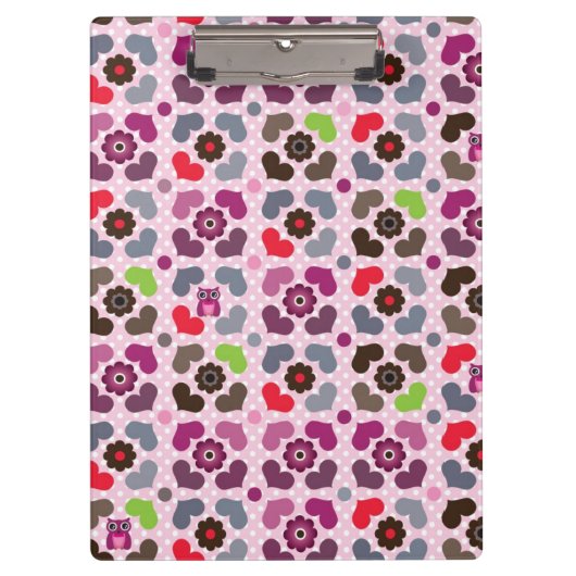 rosa Blumen- und Eulenmuster Klemmbrett (Vorderseite)
