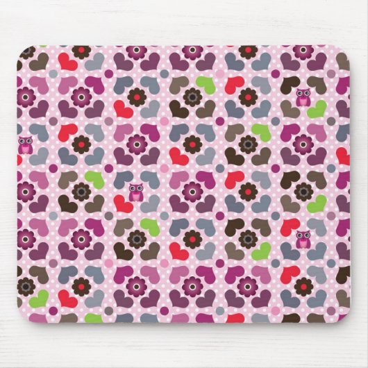 rosa Blumen- und Eulenmuster Mousepad (Vorne)