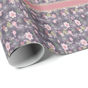 Rosa Blumen- und gestreifte Faux-Druck-Verpackungs Geschenkpapier