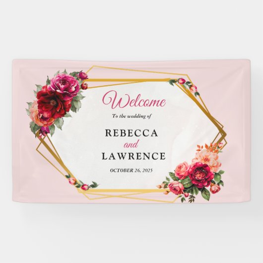 Rosa Blumen und Imitate Goldhochzeit Banner (Horizontal)