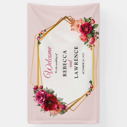 Rosa Blumen und Imitate Goldhochzeit Banner (Vertikal)