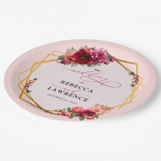 Rosa Blumen und Imitate Goldhochzeit Pappteller (Schrägansicht)