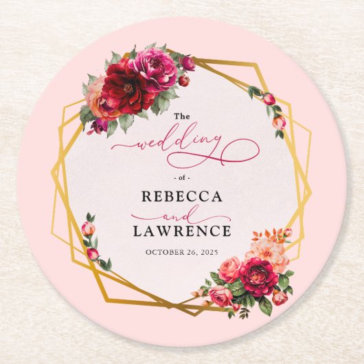 Rosa Blumen und Imitate Goldhochzeit Runder Pappuntersetzer (Vorderseite)