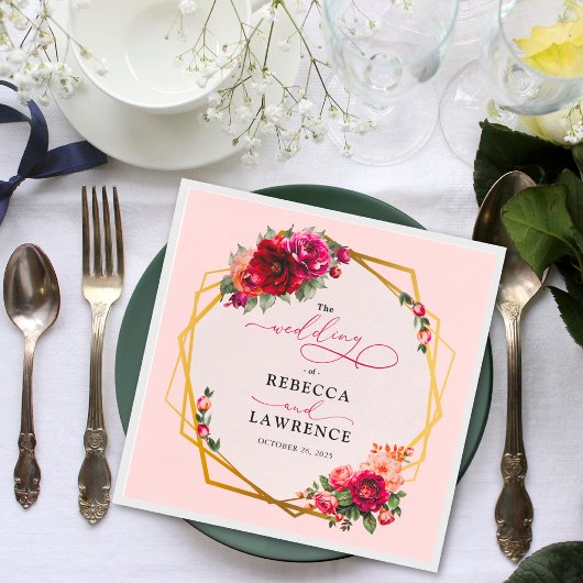 Rosa Blumen und Imitate Goldhochzeit Serviette
