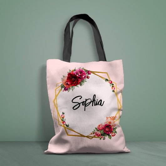 Rosa Blumen und Imitate Goldhochzeit Tasche