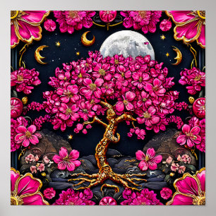 Rosa Blumen und Mond Poster