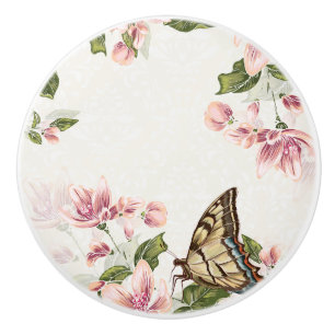 Rosa Blumen und Schmetterling Keramikknauf