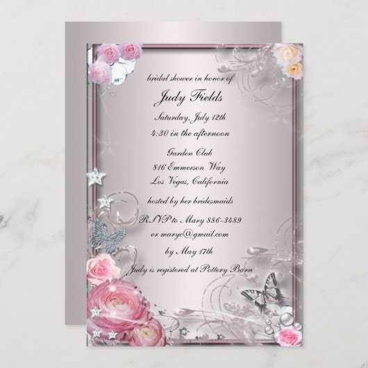Rosa Blumen- und Schmetterlingsdusche Einladung (Vorne/Hinten)