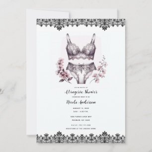 Rosa Blumen und schwarze Spitze: Lacey Unterwäsche Einladung