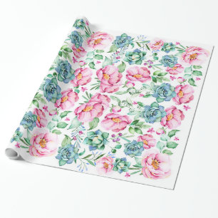 rosa Blumen und Sukkulenten botanisches Aquarell Geschenkpapier