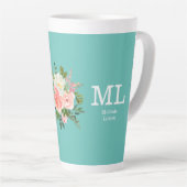 Rosa Blumen und Türkises Monogramm    Milchtasse (Rechte Ecke)