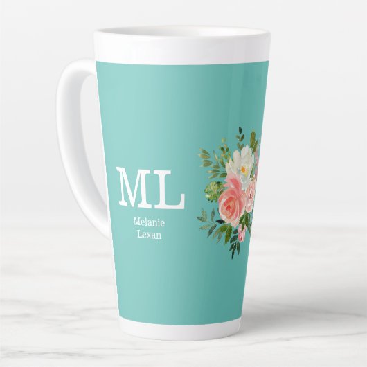 Rosa Blumen und Türkises Monogramm    Milchtasse (Linke Ecke)