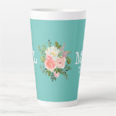 Rosa Blumen und Türkises Monogramm    Milchtasse (Vorderseite)