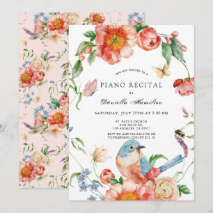 Rosa Blumen- & Vogel-Klavier Weiße Aufführung Einladung