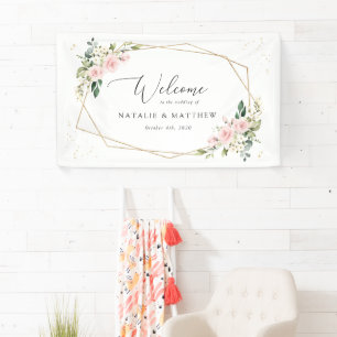 Rosa Blumen, Weiße Blumen, Boho, Hochzeitsbegrüßun Banner
