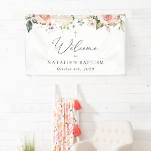 Rosa Blumen, Weiße Blumen, Boho, Taufe Willkommen Banner