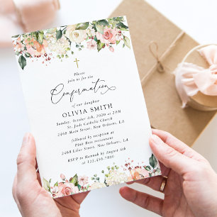 Rosa Blumen, Weiße Blumen, Florale Konfirmation Einladung