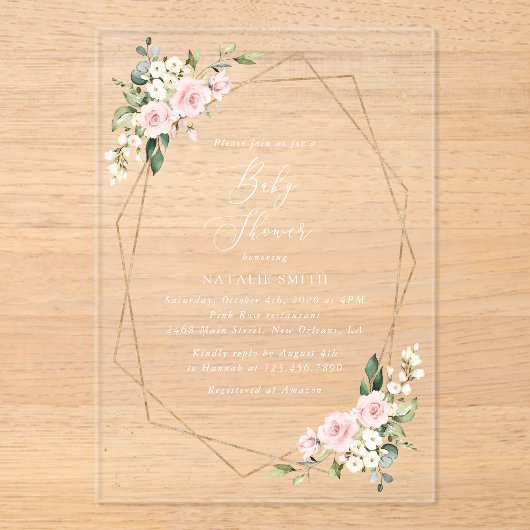 Rosa Blumen, Weiße Blumen, Grün, Babyparty Acryleinladungen (Vorderseite)