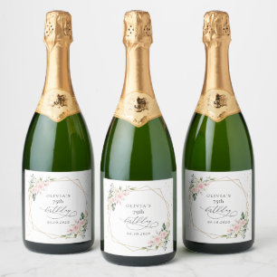 Rosa Blumen, Weiße Blumen, Grün, Geburtstag Schaumweinetikett