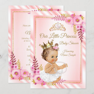 Rosa Blumen Weiße Prinzessin Baby Shower Brünette Einladung
