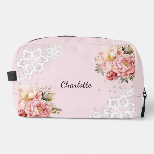 Rosa Blumen, weiße Spitze Waschbeutel (Vorderseite)