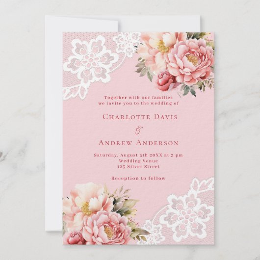 Rosa Blumen weiße Spitzenhochzeit Einladung (Vorderseite)