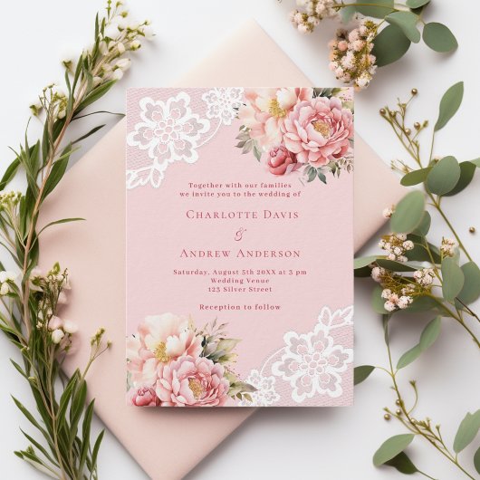 Rosa Blumen weiße Spitzenhochzeit Einladung